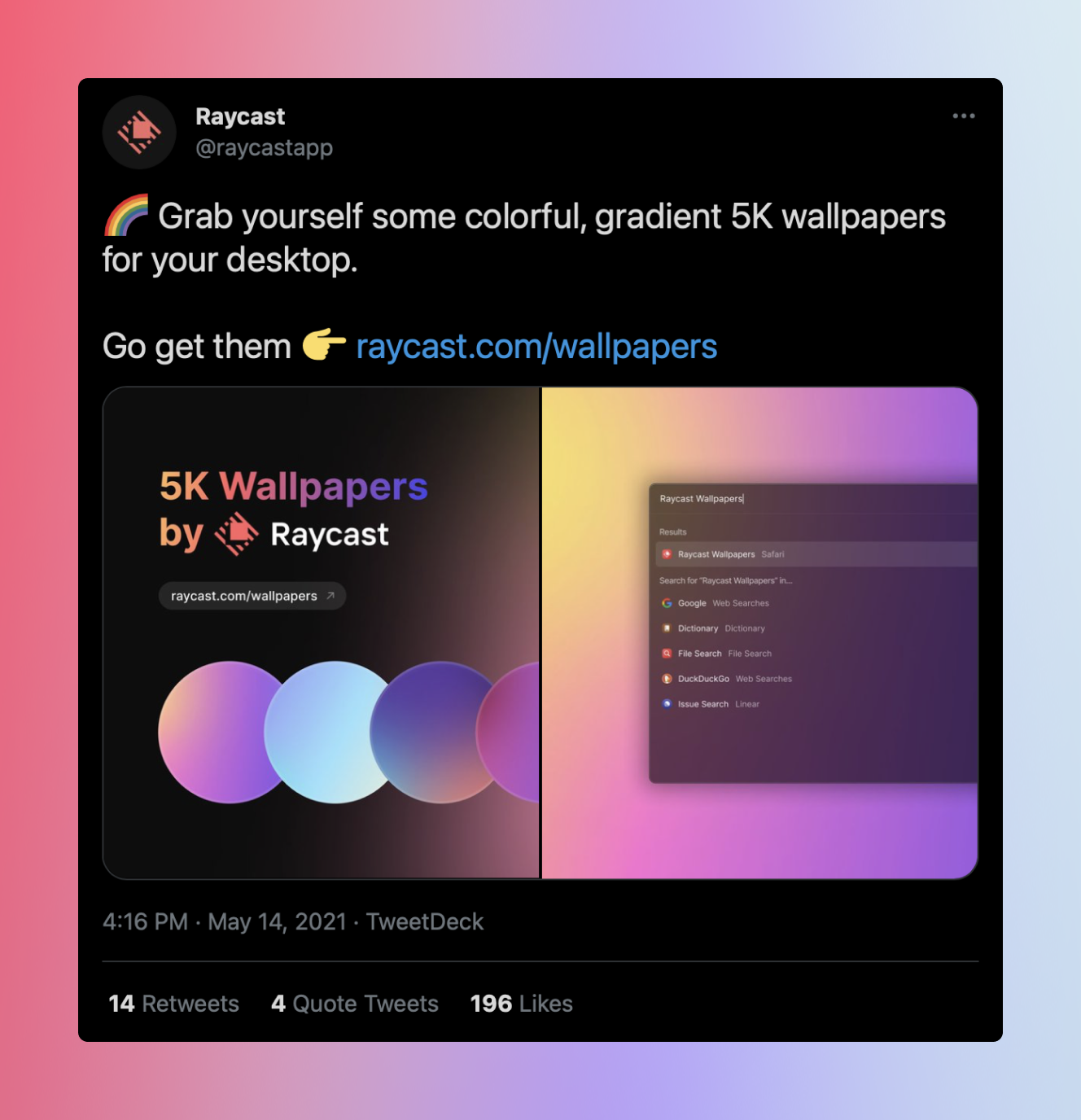 Our tweet when we launched Raycast Wallpapers